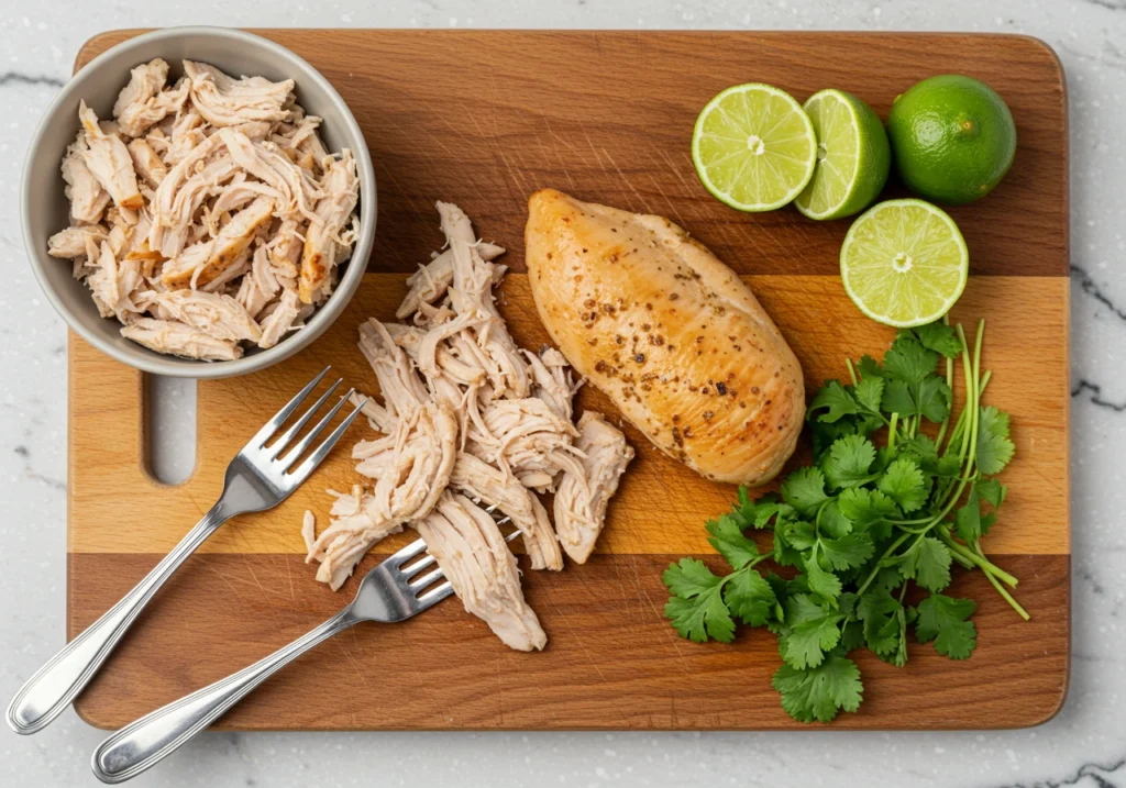 Shredded chicken on a cutting board with lime wedges and cilantro, ready to be added to the soup.