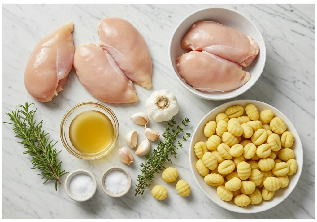 Ingredients for Diabetic Crockpot Gnocchi and Chicken: chicken breasts, gnocchi, garlic, chicken broth, olive oil, fresh herbs, spinach, and Parmesan