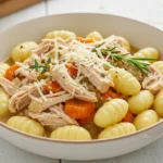 Bowl of Diabetic Crockpot Gnocchi and Chicken with shredded chicken pieces, gnocchi, savory broth, and herbs