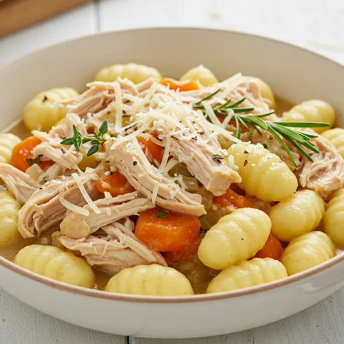 Bowl of Diabetic Crockpot Gnocchi and Chicken with shredded chicken pieces, gnocchi, savory broth, and herbs