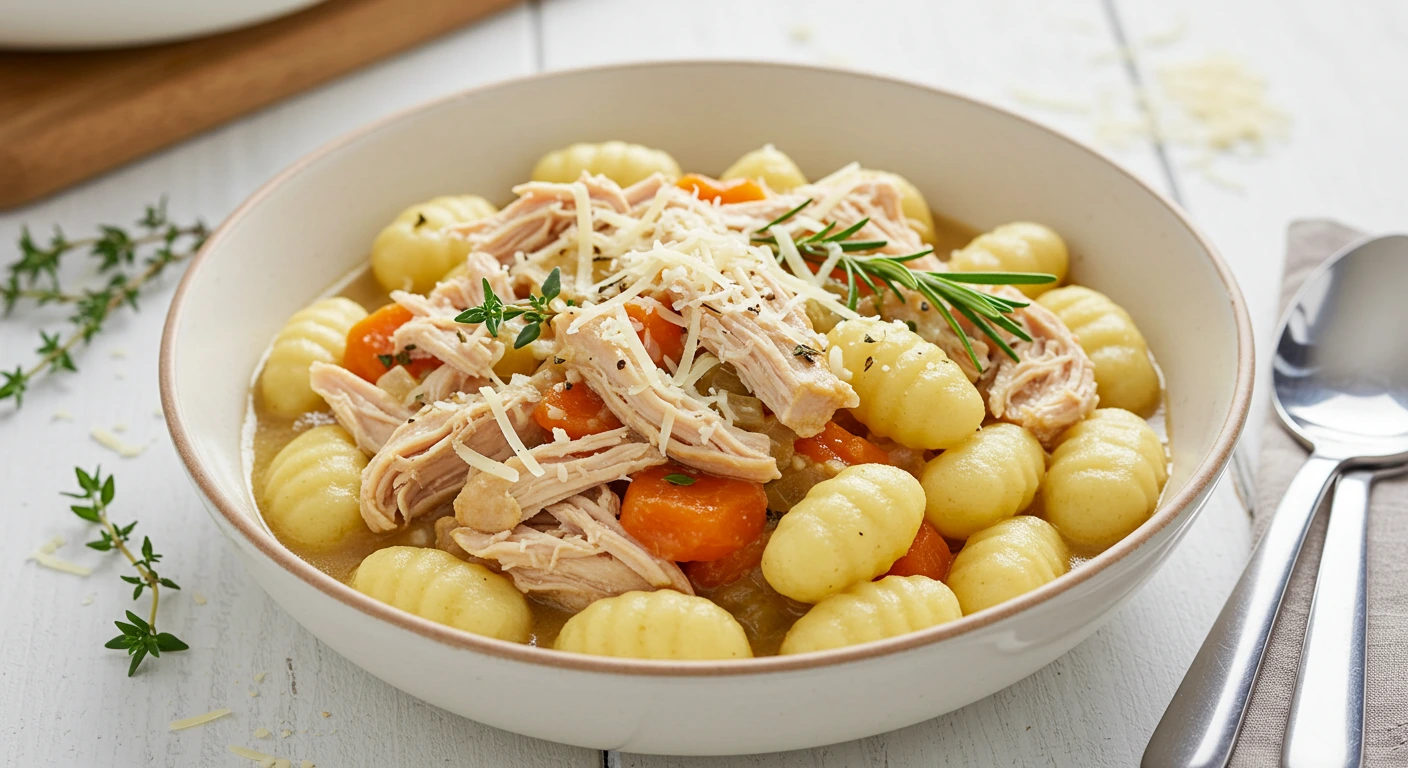 Bowl of Diabetic Crockpot Gnocchi and Chicken with shredded chicken pieces, gnocchi, savory broth, and herbs