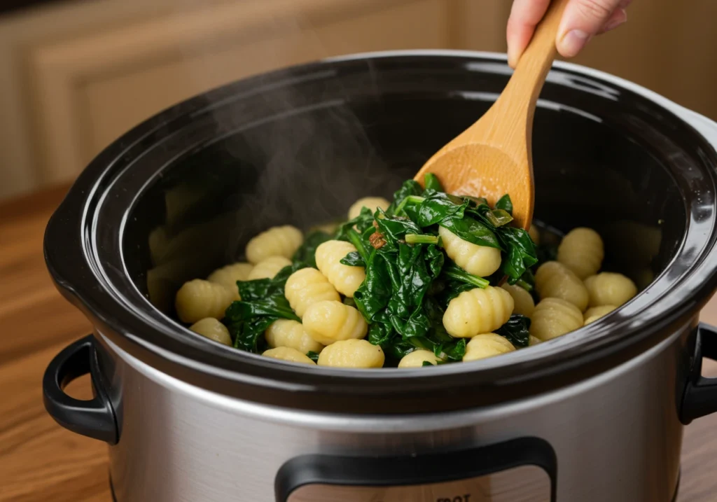 Chicken, garlic, chicken broth, and herbs added to a crockpot for Diabetic Gnocchi and Chicken."