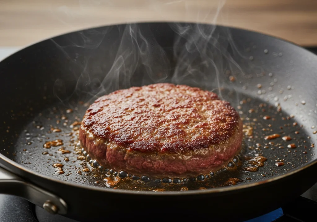 A Wagyu ground beef patty sizzling in a skillet, forming a golden-brown sear with visible steam rising and juices glistening around it.