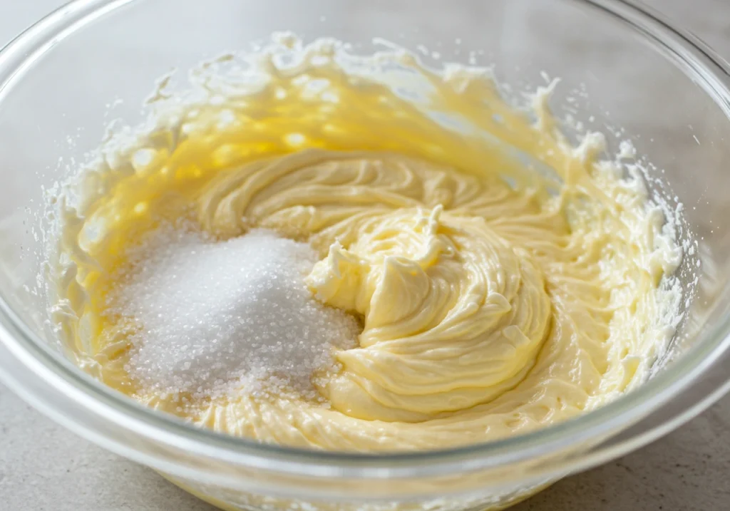 A close-up of butter and sugar being mixed together in a bowl, showing the creamy texture before adding the eggs and vanilla extract.