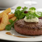 A plated dish featuring a perfectly seared Wagyu ground beef patty with a golden-brown crust, served with fresh greens and crispy fries on a neutral-colored plate.