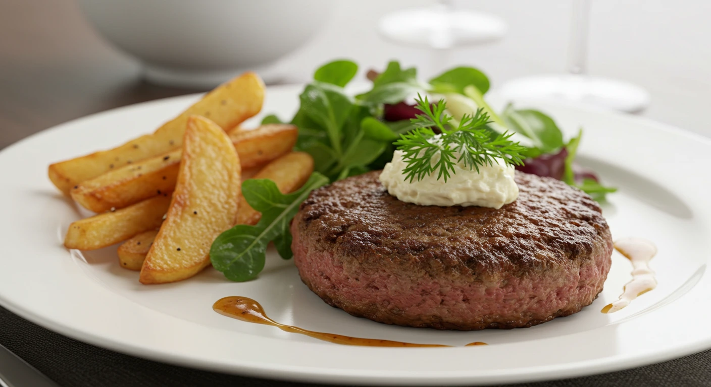 A plated dish featuring a perfectly seared Wagyu ground beef patty with a golden-brown crust, served with fresh greens and crispy fries on a neutral-colored plate.