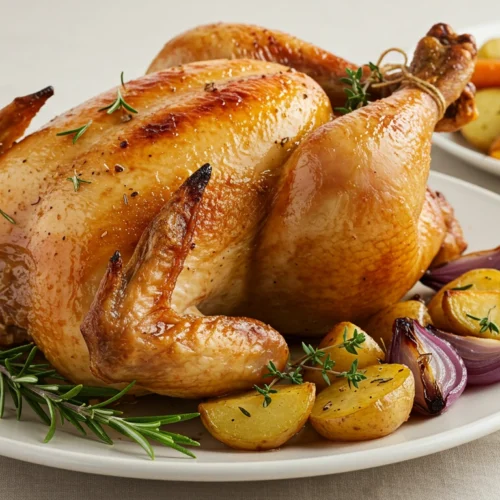 Whole roast chicken with golden-brown crispy skin, tender meat, and caramelized vegetables in a roaster oven, surrounded by fresh rosemary and thyme sprig