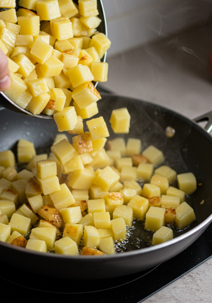 Cooking diced potatoes in a skillet with olive oil, seasoning, and achieving a crispy golden texture