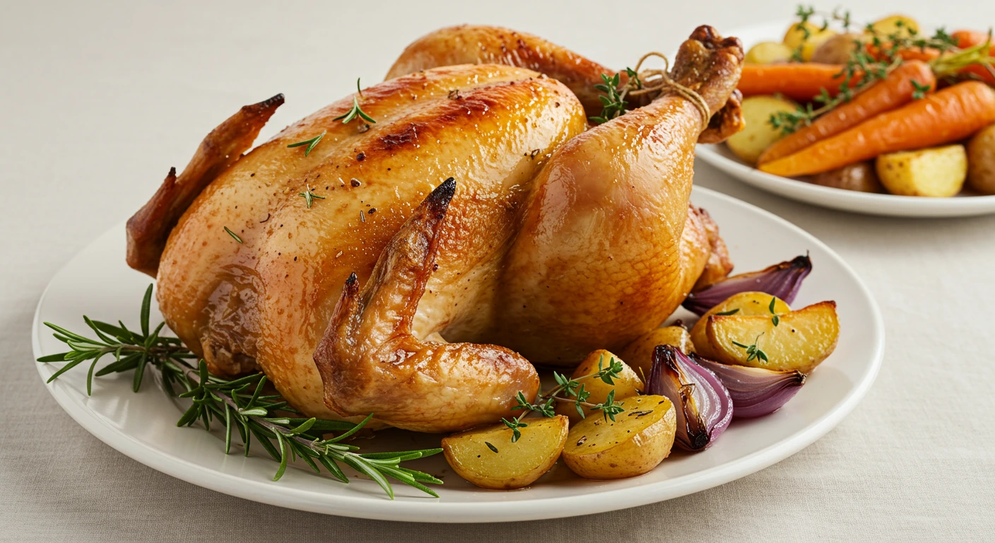 Whole roast chicken with golden-brown crispy skin, tender meat, and caramelized vegetables in a roaster oven, surrounded by fresh rosemary and thyme sprig