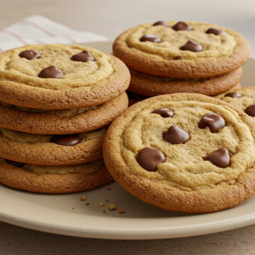 Freshly baked golden-brown Chick-fil-A cookies on a clean plate with visible chocolate chips, showcasing their soft, chewy texture.