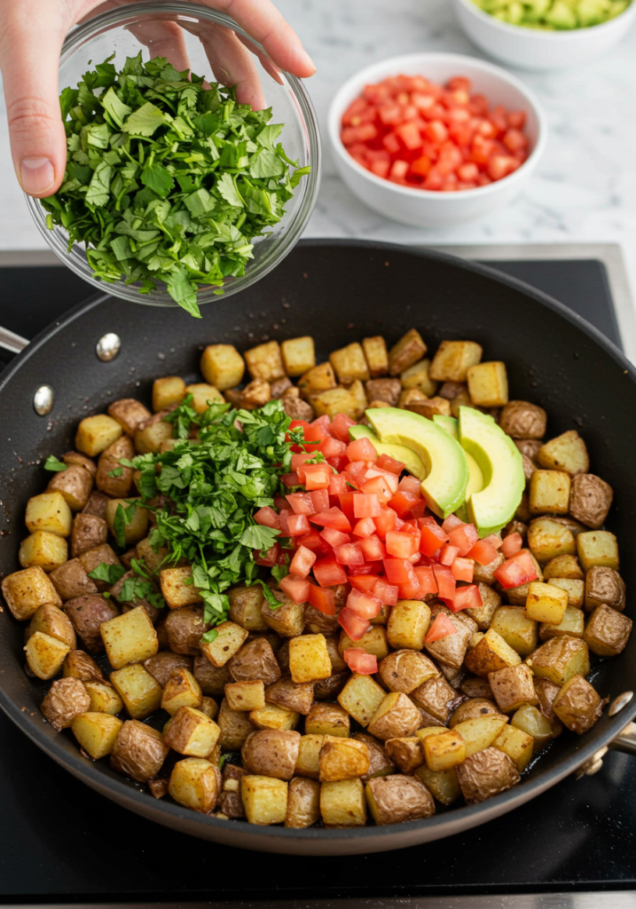 Stirring cooked potatoes and sautéed veggies together in a skillet, ensuring the spices coat everything evenly