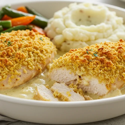 Creamy baked chicken with a golden, crispy Ritz cracker topping, served with mashed potatoes and roasted vegetables.