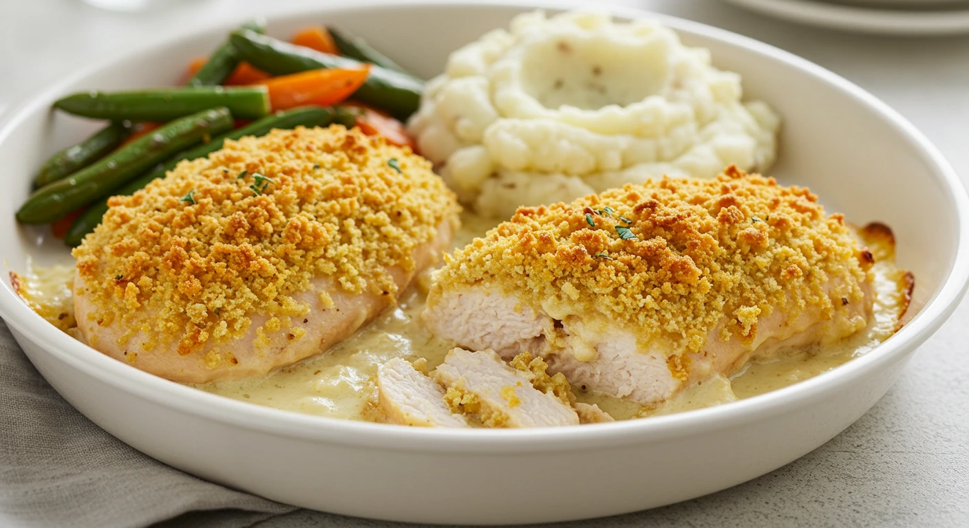 Creamy baked chicken with a golden, crispy Ritz cracker topping, served with mashed potatoes and roasted vegetables.