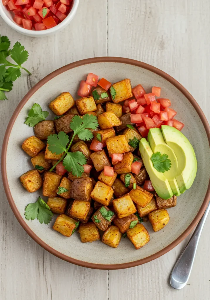 Garnishing the Mexican potatoes breakfast with fresh cilantro, avocado slices, and a fried egg for added richness.