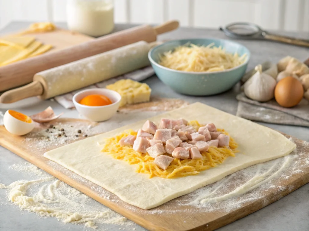 Puff pastry being rolled out with chicken, cheese, and garlic filling for chicken and cheese jalousie on a floured kitchen counter.