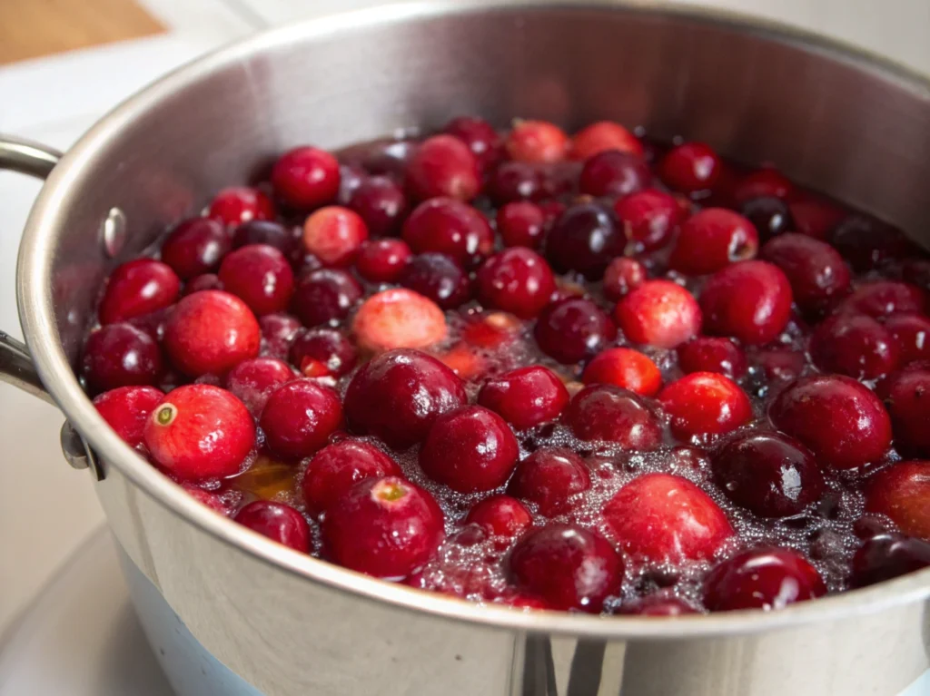 Fresh cranberries in a pot, some bursting and releasing juice, adding color and flavor to the dish.