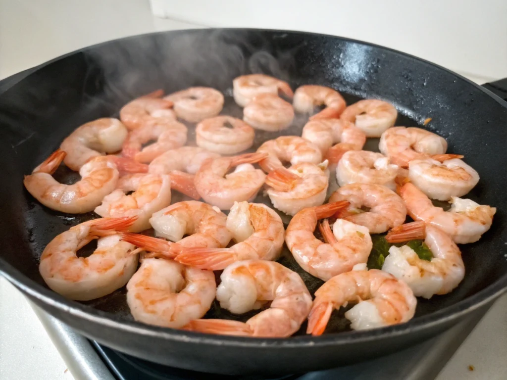 hrimp cooking in a skillet, turning pink with a slight sear.