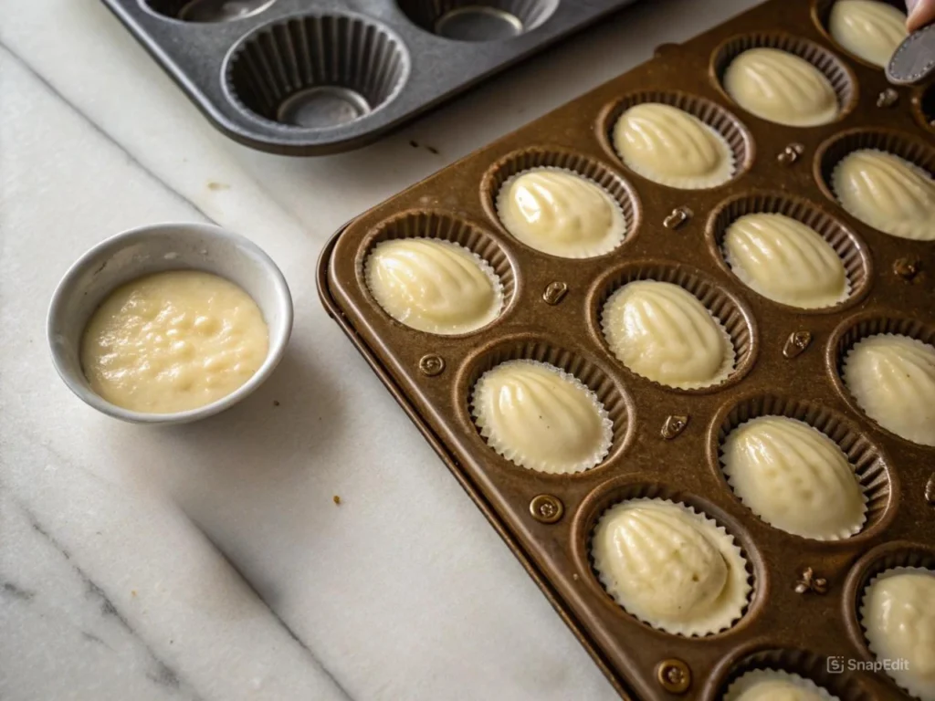 Spoon filling madeleine pan molds with batter.