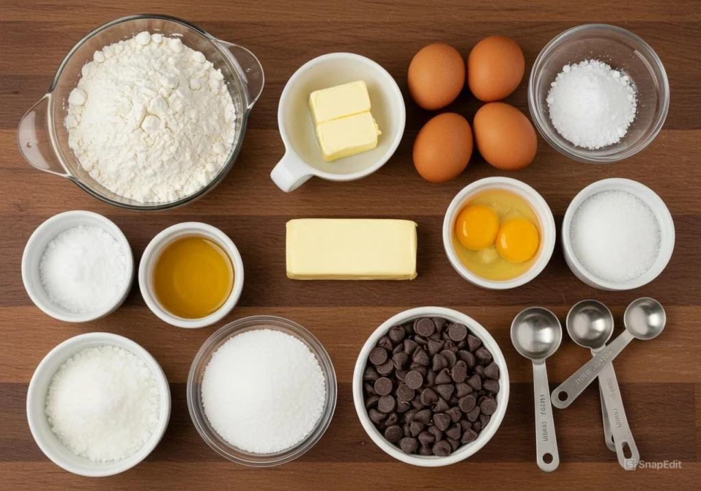 A top-down view of ingredients for Chick-fil-A cookies, including flour, butter, eggs, chocolate chips, and sugar, neatly arranged on a wooden surface.