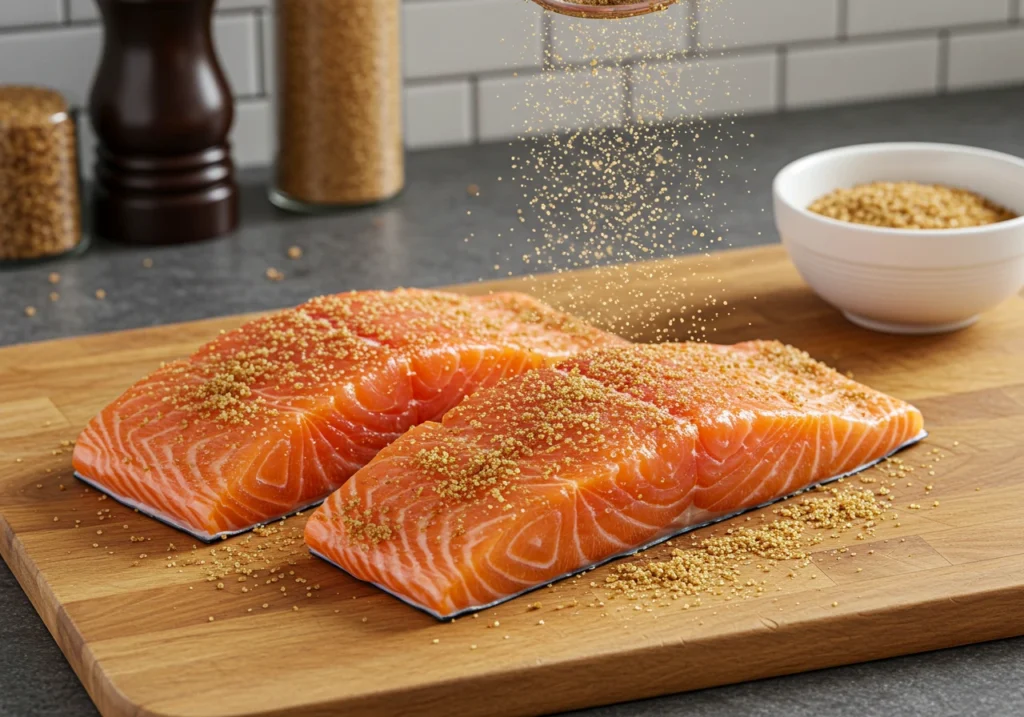 Fresh salmon fillets on a cutting board, lightly dusted with a sugar rub mixture, with a small bowl of spices nearby.