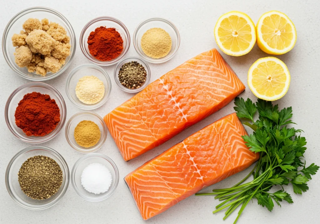 A neat arrangement of brown sugar, paprika, garlic powder, salt, black pepper, cayenne pepper, lemon slices, and fresh salmon fillets on a light surface.