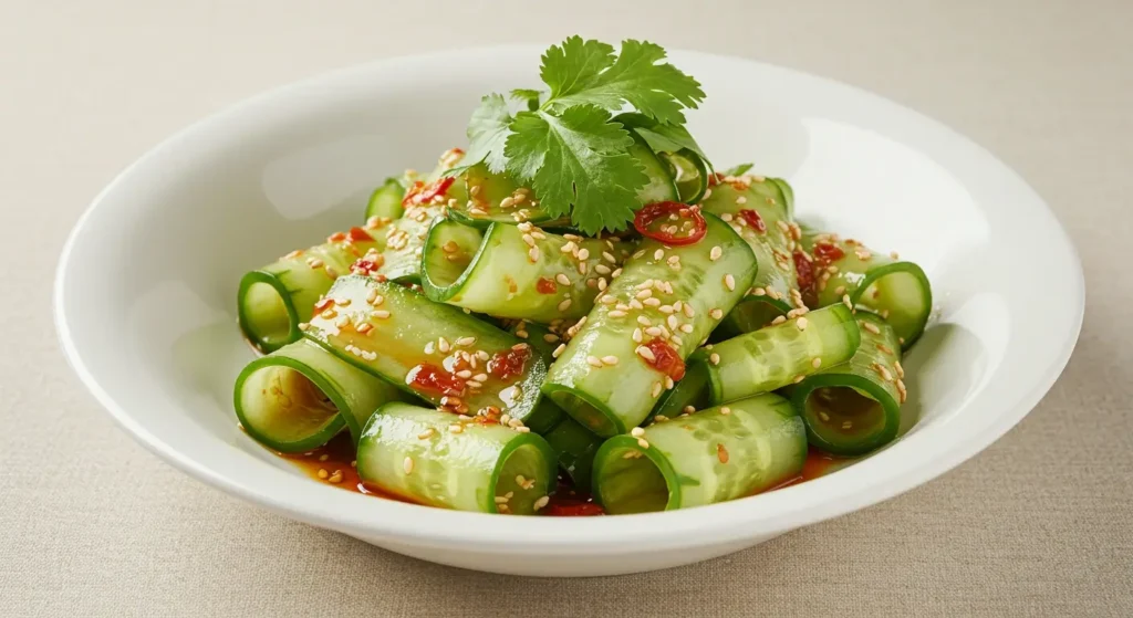 Fresh Din Tai Fung Cucumber Salad with tangy dressing, sesame seeds, chili oil, and cilantro in a simple white bowl.