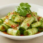 Fresh Din Tai Fung Cucumber Salad with tangy dressing, sesame seeds, chili oil, and cilantro in a simple white bowl.