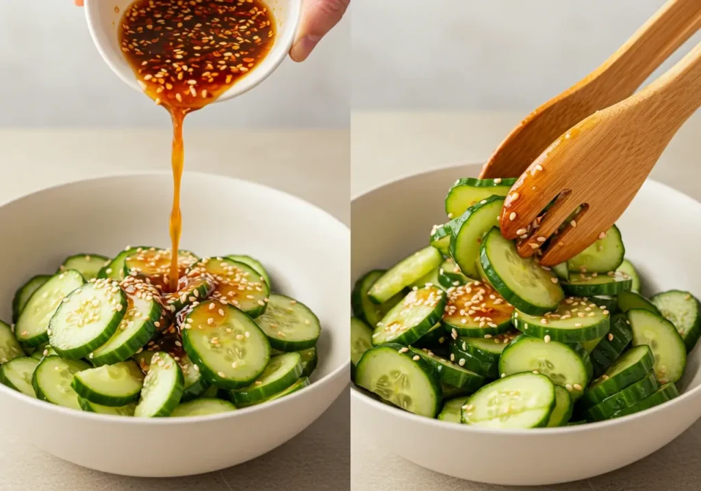 Sliced cucumbers being tossed in a bowl with dressing, chili oil, and sesame seeds.