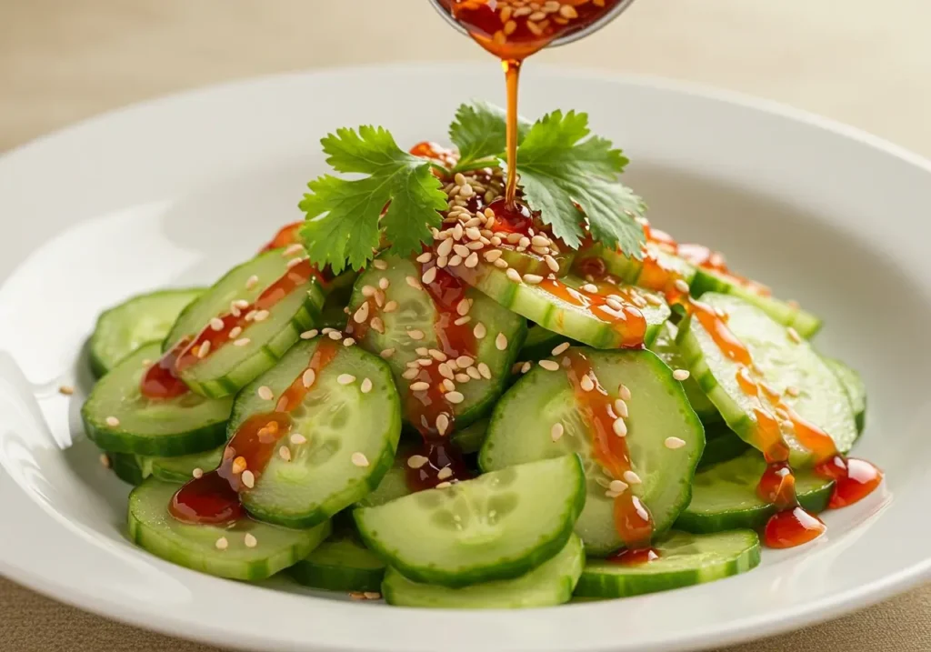 Din Tai Fung Cucumber Salad garnished with sesame seeds, cilantro, and a drizzle of chili oil.