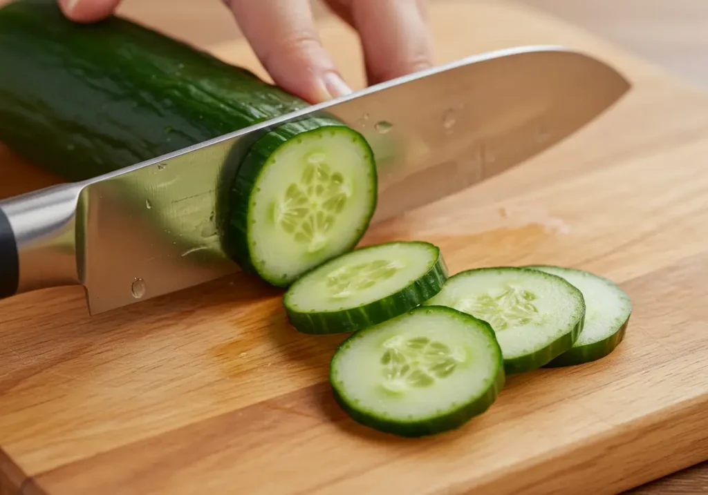 A sharp knife slicing fresh cucumbers into thin, uniform pieces on a wooden cutting board