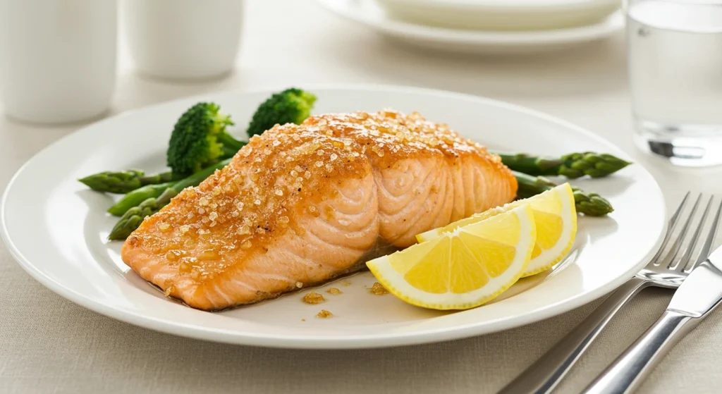 A perfectly cooked salmon fillet with a caramelized sugar rub, served on a white plate with sautéed green vegetables and lemon wedges.