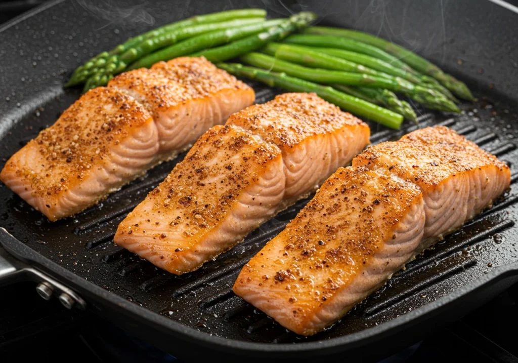 Salmon fillets sizzling in a hot skillet, developing a golden-brown caramelized crust with visible grill mark